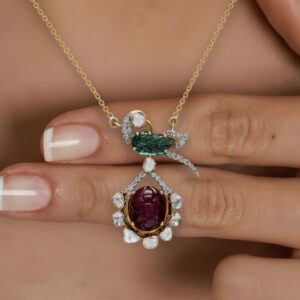 14kt Bird Shape Pendant with Polki Diamond and Gemstones